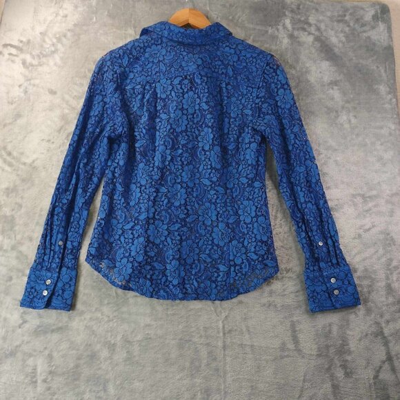 J.Crew Women's 4 Blue Lacy Floral Artsy Abstract Button-Down Long-sleeved Shirt - Picture 6 of 9
